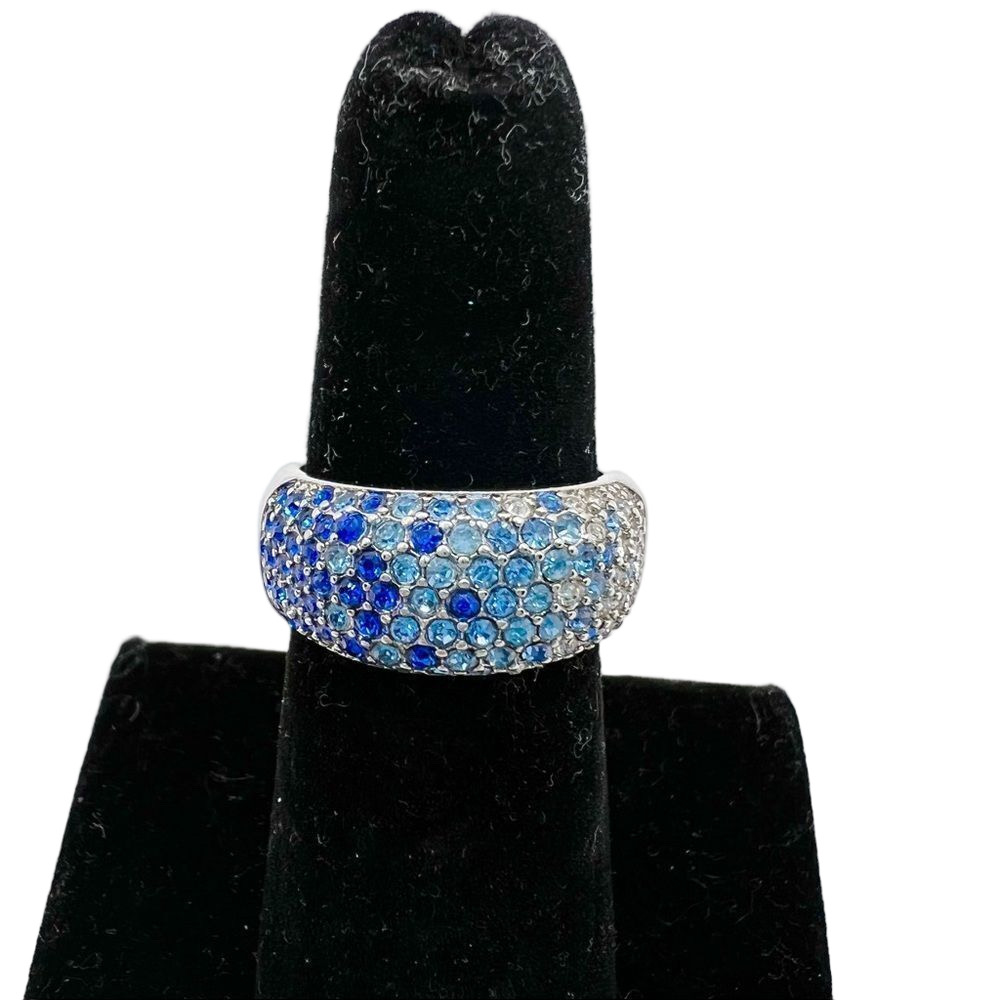 Blue and silver rhinestone studded chunky cocktail statement ring - size 6.5